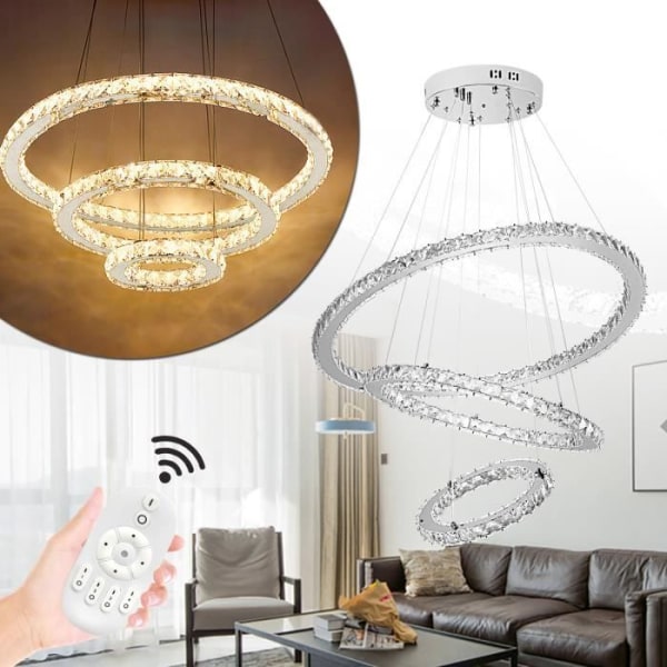 Aufun 96W modern LED-kristall taklampa med 3 ringar, kreativ belysningsarmatur för sovrum, vardagsrum (dimbar, 96W)
