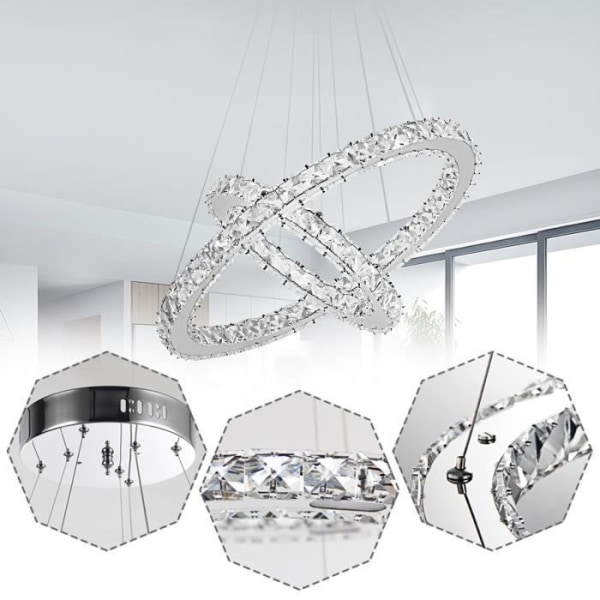 Aufun 48W modern LED-kristall taklampa med 2 ringar, kreativ belysningsarmatur för sovrum, vardagsrum (Cool White, 48W)