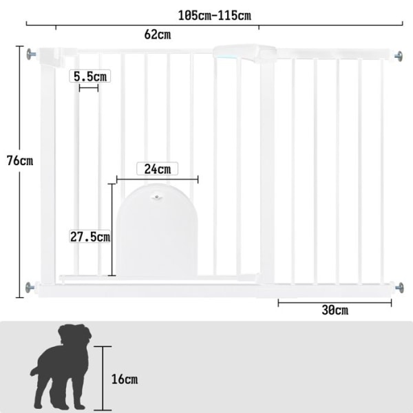 Aufun Dörr och trappskyddsgrind, För utrymme på 105 -115 cm, Hundskyddsgrind med kattlucka - Vit Vit