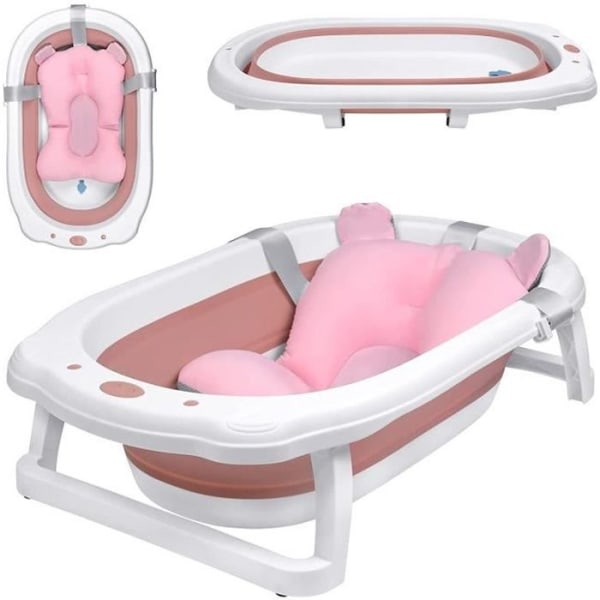 Aufun hopfällbart babybadkar Ergonomiskt babybadkar med halkfria fötter för spädbarn och nyfödda (rosa + badkudde)