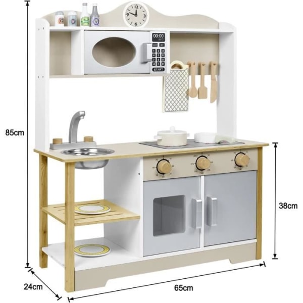 Aufun träleksakskök, träkök med köksmaskiner inklusive 14 leksaker, mattillbehör och redskap