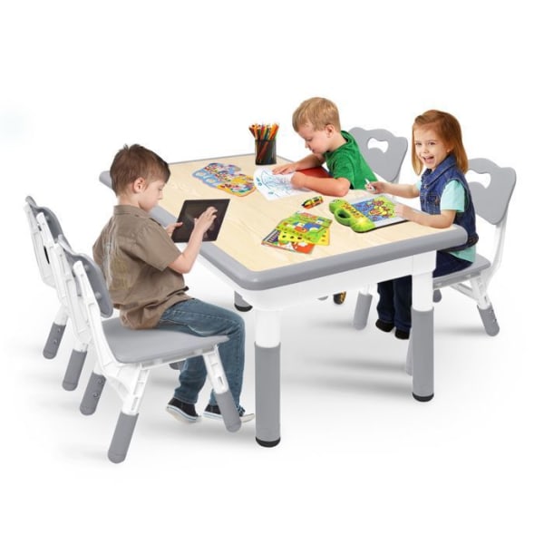 Aufun barnbord med 4 stolar set, höjdjusterbart, bordsstolsset för barnrum