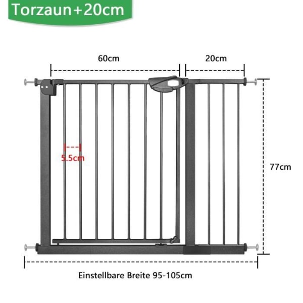 Aufun Dörr- och trappskyddsgrind, Tryckfixering, För utrymmen på 95 -105 cm, för djur, bebisar och barn - Svart Svart