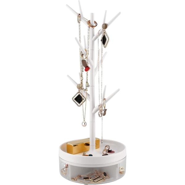 Gren smyckeshållare med vridbar bas och förvaringslådor torn hängande förvaringslåda, vit
