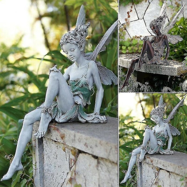 Resin Blomma Fe Staty Med Vingar Konst Skulptur Landscaping Ornament Hem Trädgårdsbrun22cm