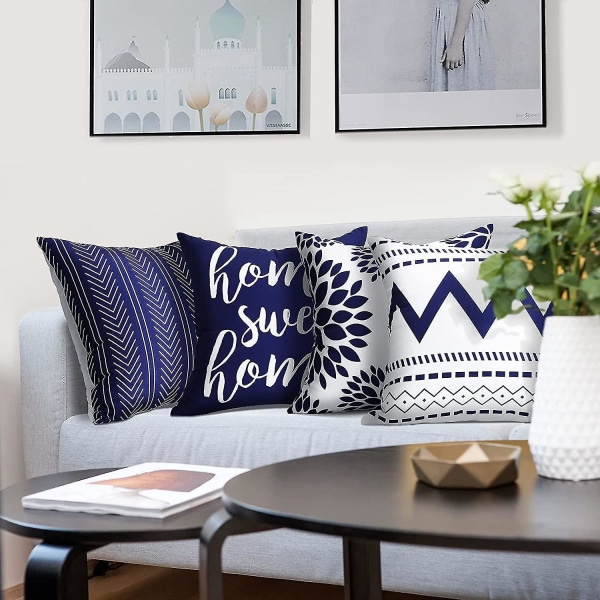 Kuddfodral 18 X 18 set med 4, moderna dekorativa kuddfodral för soffa, blå