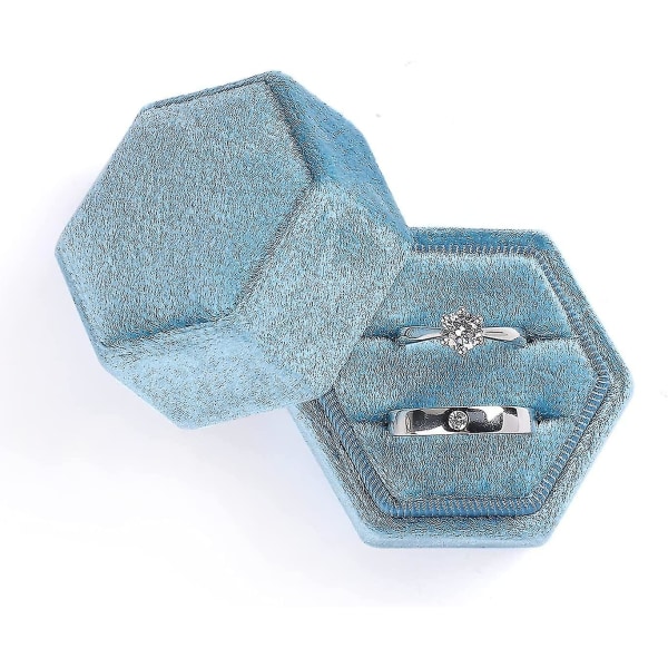 Sammetssmyckes ringask, hexagon Premium ursnygg vintage dubbelring presentförpackning med avtagbart lock för förslagsförlovning Bröllopsceremoni (himmelblå)