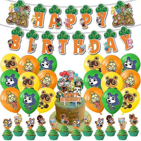 Animal Crossing Cartoon Party Dekor Grattis på födelsedagen Banner Cake Toppers Ballonger Set Supplies