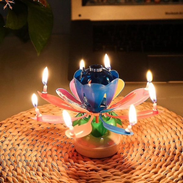 Grattis på födelsedagsfesten Ljustårta Ljus Musikalisk Lotusblomma Roterande lampdekor (1st-färgad)