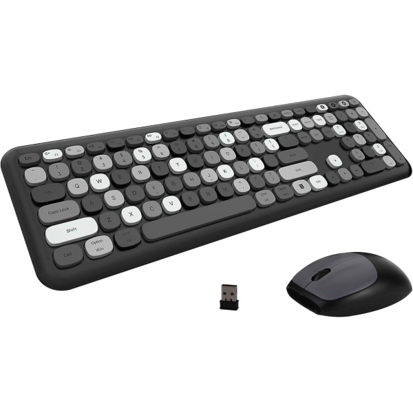 Svart tangentbord och mus trådlös, USB 110 tangenter Kompakt trådlös färgglad tangentbord och mus i full storlek, 2,4 GHz brusreducerande Ultratysta tangenter, Ult