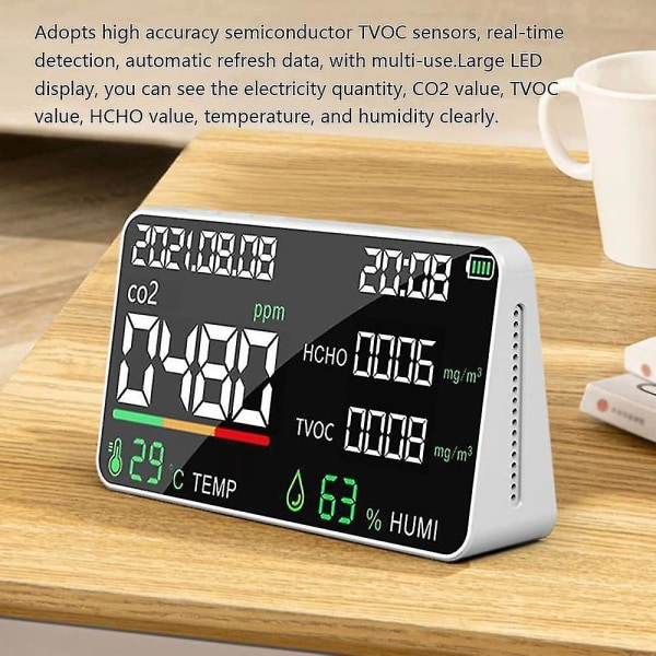 Luftkvalitetsdetektor, multifunktionell koldioxid Co2-testare Tvoc Hcho Värde Elektricitet Kvantitet Temperatur Luftfuktighet Display Funktion vit