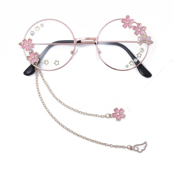 Kawaii glasögon med kedja Sakura Star Wing dekoration Lolita Cosplay rekvisita Söta runda glasögon Jk rekvisita