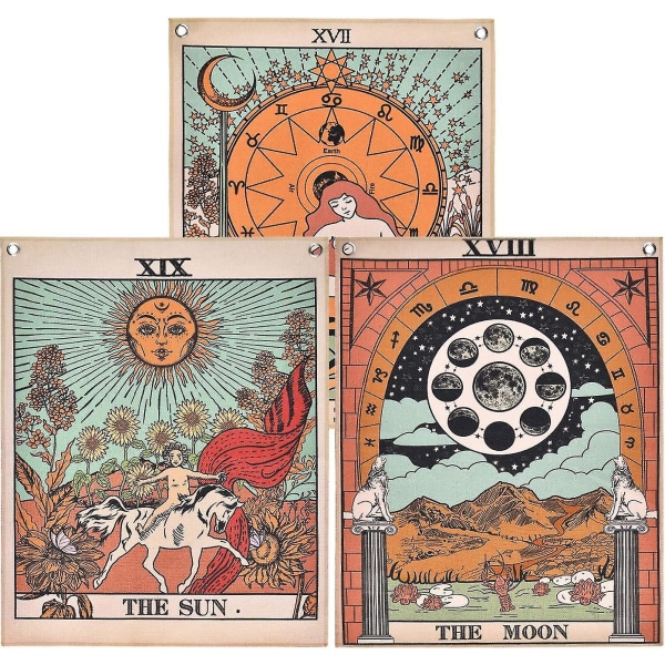 3-pack Tarot-väggbonad, Månen, Stjärnan och Solen Tarot-kortväggbonad, Medeltida Europa-väggbonad för rum med rostfria öljetter, sömlösa spikar