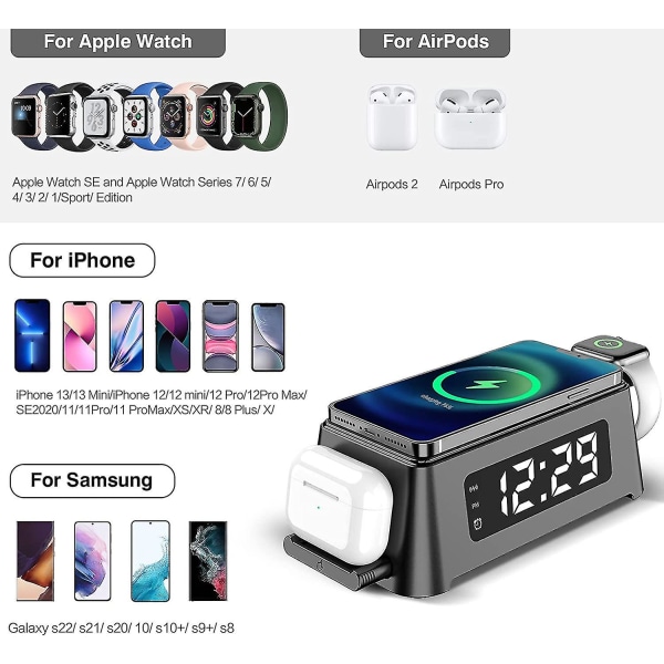 Trådlös laddare med digital väckarklocka, laddstation kompatibel med Iphone/iwatch/airpods