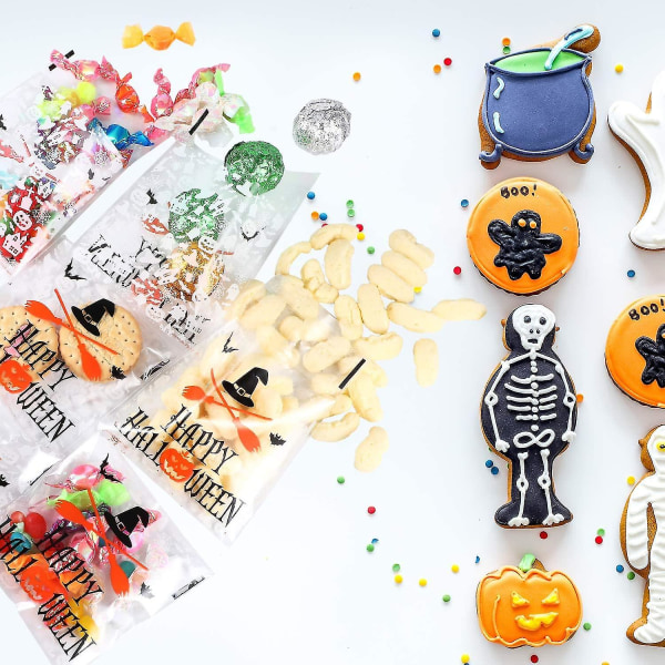 100 st Halloween godispåsar genomskinliga självhäftande godispåsar för festgåvor Halloween-dekoration (100 st, set med 1)