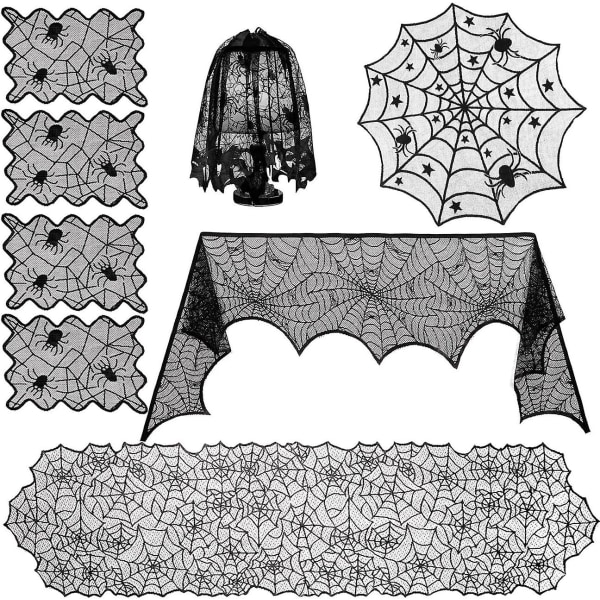 8-pack Halloween Spider Web spets dukar set, mantel halsduk, spets duk