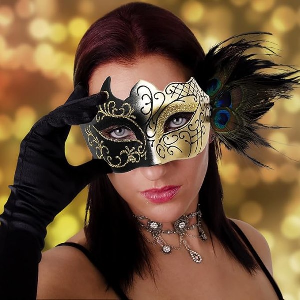 2-pack glitter venetianska masker för kvinnor, maskeradmasker, lyxmasker, svart och guld, Phantom of the Opera Halvmasker