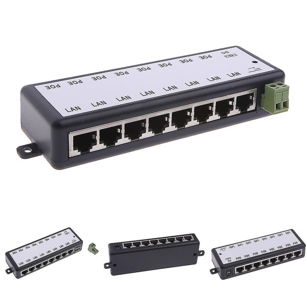 8 Ports Poe Network Injector kompatibel med Ieee 802.3af Rj45 Port Dc 12v-48v