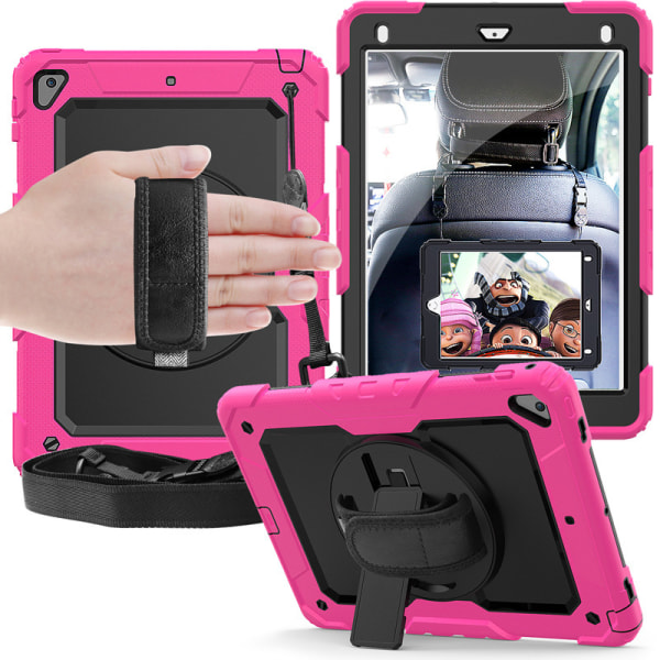 Case för iPad Air4 10,9-tums 2020 kraftigt stötsäkert case 360° roterande stativ och hand-/axelrem, rosröd
