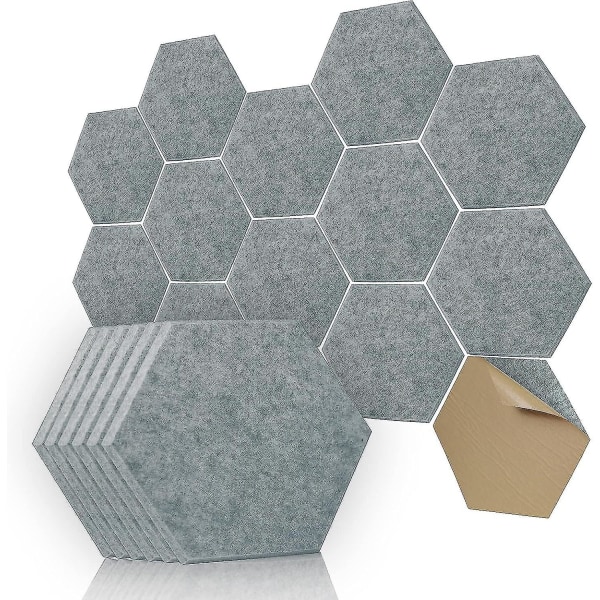 Akustikpaneler Hexagon självhäftande, 12-pack ljudisolerad väggstoppning, 12" X 10" X 0,4" Absorptionspanel används i hem och kontor (grå)