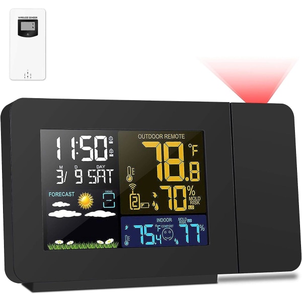 Radiostyrning (officiell 2023msf brittisk version) kalawen projektionsväckarklocka med utomhussensor, väderstation för sovrum-uk standard