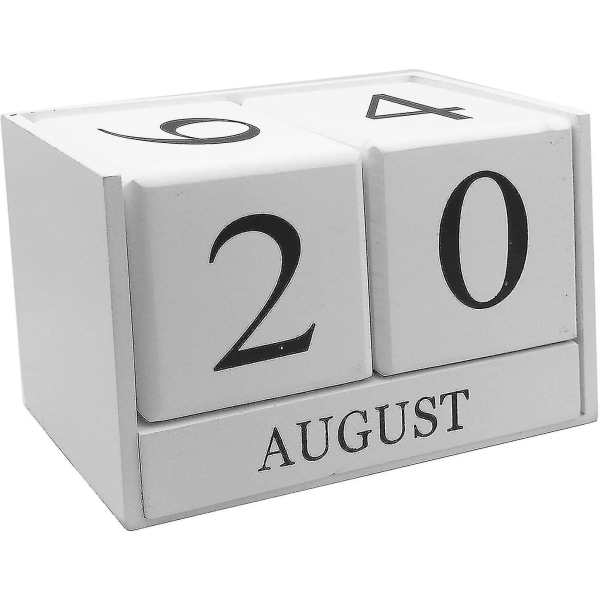 Skrivbordsblockkalender i trä - Permanent block Månad Datumvisning Hemkontorsinredning (vit), 15,5 X 9,9 X 7,4 Cm
