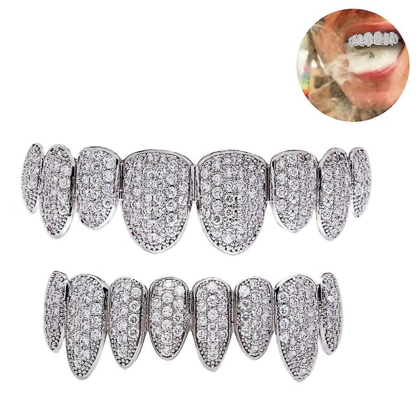 18k äkta guldpläterad mikroinlagd zirkon Hip-hop hängslen för män och kvinnor Halloween diamant- set tandprotesset