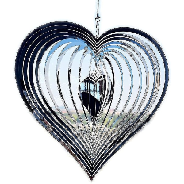 Lyxiga hjärtformade vindspel utomhus, roterande vindspel i metall, vindspel i rostfritt stål, spiralvind (1 stycke, silver)
