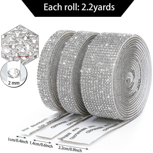 3 rullar /6,6 Yards självhäftande kristall Rhinestone Ribbon, diamantband klistermärken Remsor Bästa presenten