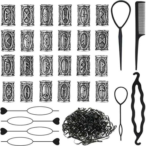 24-delade skäggpärlor Viking Rune Beads Set, hårflätande skäggpärlor med 200 gummiband och gängkam