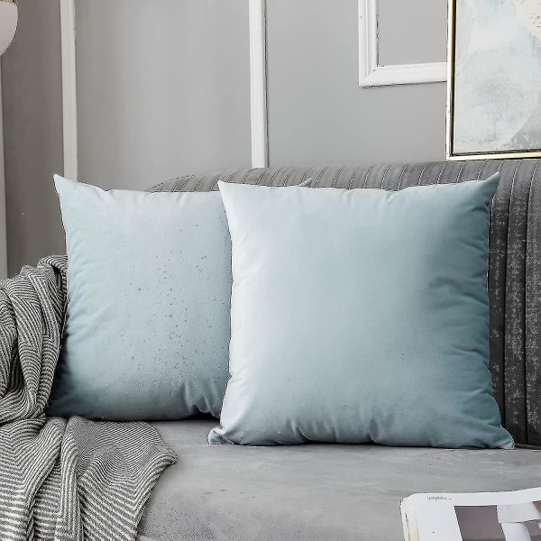 Puderblå sammet kuddfodral 16x16 tum med dragkedja, dekorativa mjuka kuddfodral set med 2 för soffa soffa sovrum