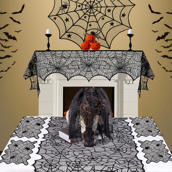 8-pack Halloween spindelväv spets bordsduk set, mantel scarf, spets bordsduk