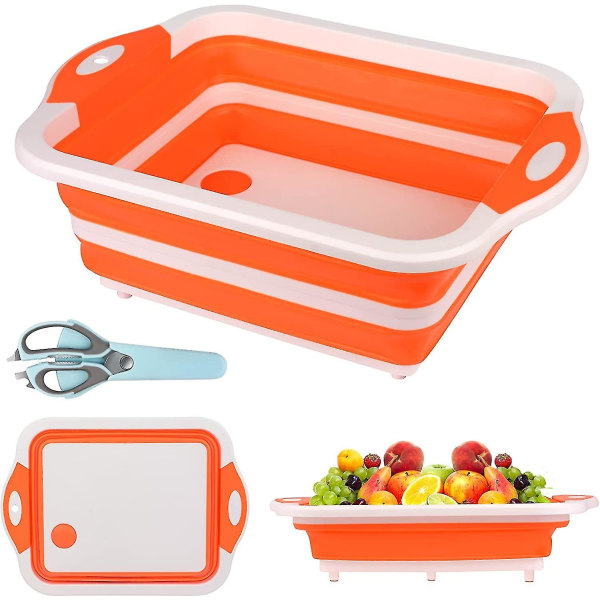 3 i 1 multifunktions hopfällbar skärbräda, skärkorg Bärbar hopfällbar diskbänk förvaringskorg för kök, camping (orange)