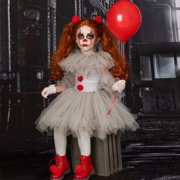 Clownkostym, mesh för barn, klänning för flickor, jul Halloween S (90cm-100cm)