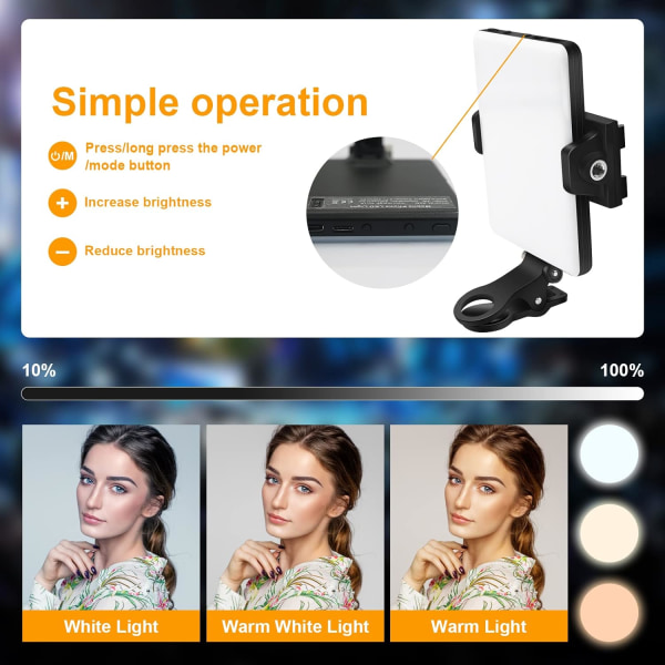 Mobiltelefonfyllningsljus, clip-on videofyllningsljus, 3 ljuslägen tillgängliga