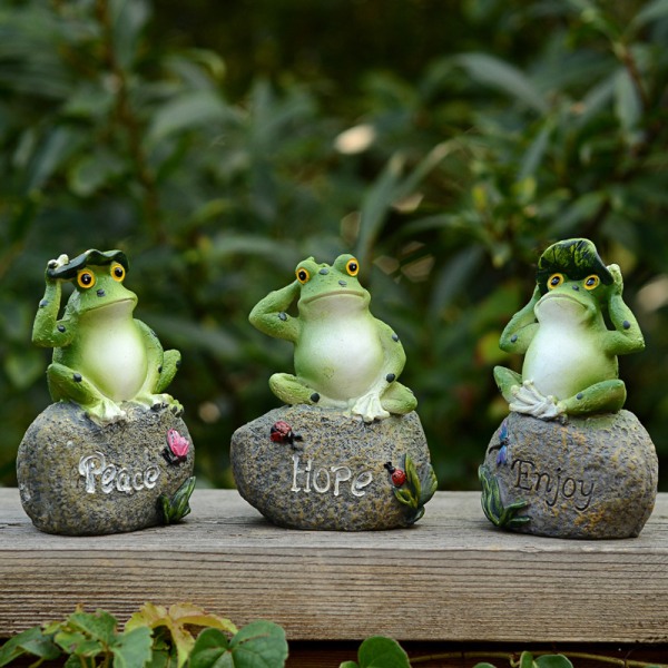 3 st trädgårdsdekorationer av grodor, grodor som sitter på stenskulpturer inomhus och utomhus lim