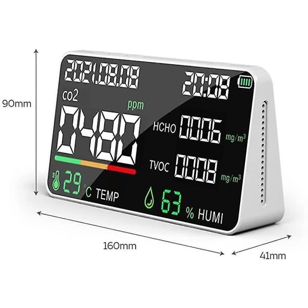 Luftkvalitetsdetektor, multifunktionell koldioxid Co2-testare Tvoc Hcho Värde Elektricitet Kvantitet Temperatur Luftfuktighet Display Funktion vit