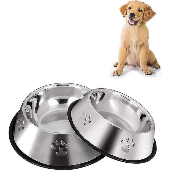2 hundskålar i rostfritt stål med halkfri gummibotten, liten husdjursskål och vattenskål (skålens botten: 18 cm, skålens mun: 13 cm)