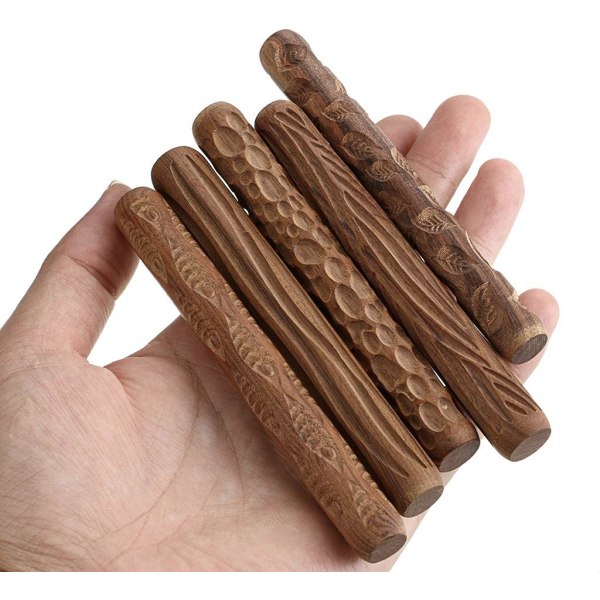 5-pack lera modellering mönster set, fiskblad Pebble Våg trä korn mönster textur hand roller trä handtag keramik verktyg set