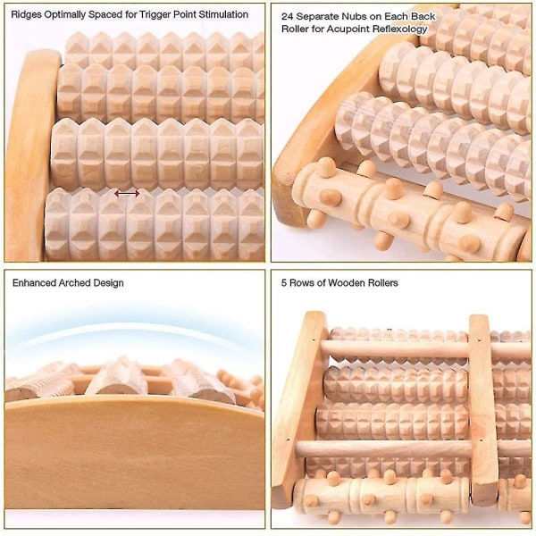 Fotmassagerulle, dubbel träfotrulle för ödem, plantar fasciit, fotsmärta, stress relief