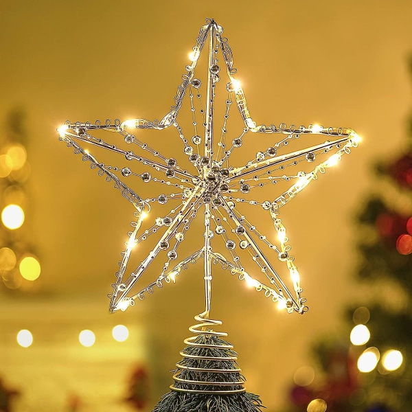 Christmas Star Tree Topper, 12 tums batteridriven Large Xmas Star Treet Top Light, Pärlstav Star Light med fjädrande bas för Xmas Tradition Tree Topper