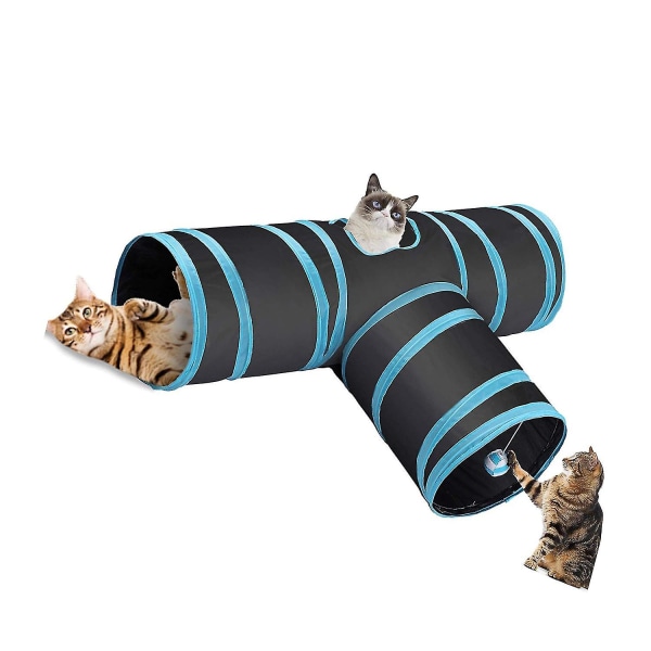 Hopfällbar 3-vägs T-form kattrör Kitty Tunnel Kattleksak med kikhål för katt