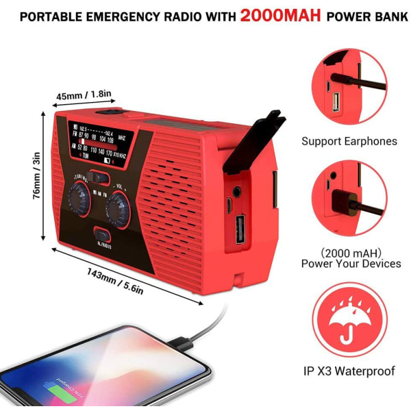 Vevradio med solcell och Powerbank Pro 2000 mAh - Röd Röd
