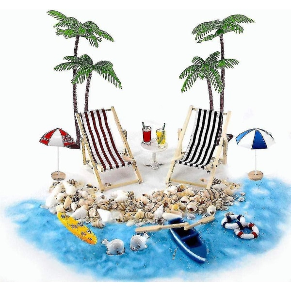 Strandmikrolandskap Mini Solstol Strandstol Parasoll Liten Palmträd Dekoration Tillbehör, 16 Delar Miniatyr Prydnadssats För Diy Fe, Gard