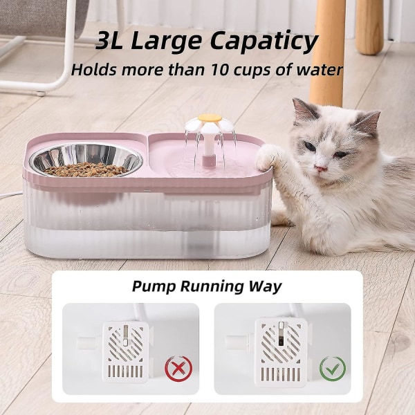 Kattvattenfontän och matskål, ultratyst husdjursvattenautomat Automatisk blomsterfontän och skål i rostfritt stål för hund och katt