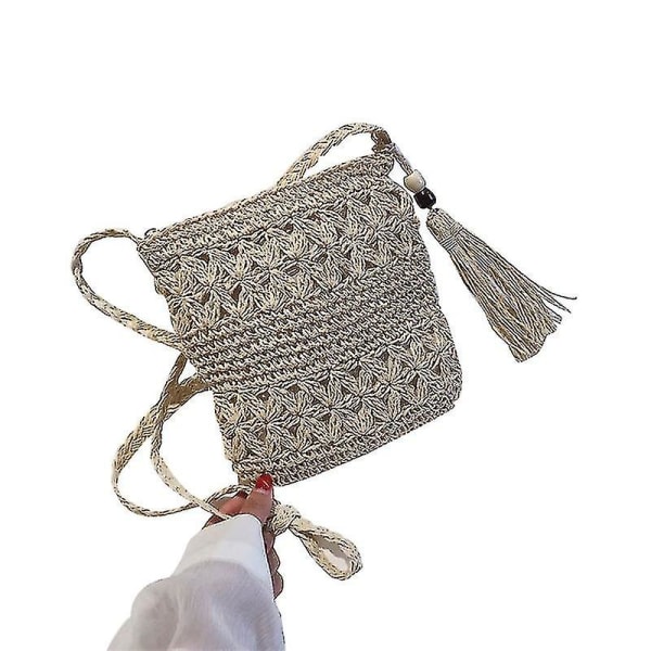 Beach Woven Straw Axelväska med tofs Boho Hollow Crochet Crossbody Woven Straw Handbag