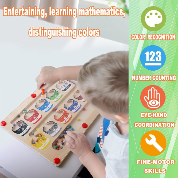 Magnetisk färg- och nummerlabyrint, trämagnetlabyrintstavla för småbarn, lär dig räkna färgmatchning