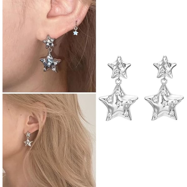2st Y2k Silver-Star örhängen för kvinnor Tonårsflickor Fashion Star Dangle