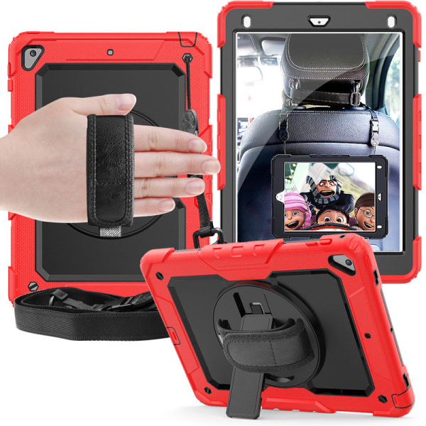 Case för iPad Air4 10,9-tums 2020 kraftigt stötsäkert case 360° roterande stativ och hand-/axelrem, röd