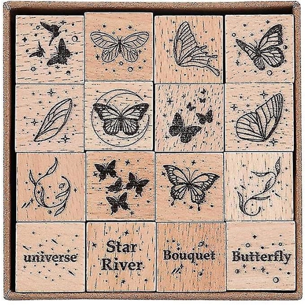 16 stycken vintage gummistämplar i trä, fjärilar och vingar dekorativa set av gummi, trämonterade gummistämplar för gör-det-själv hantverk, korttillverkning, kula